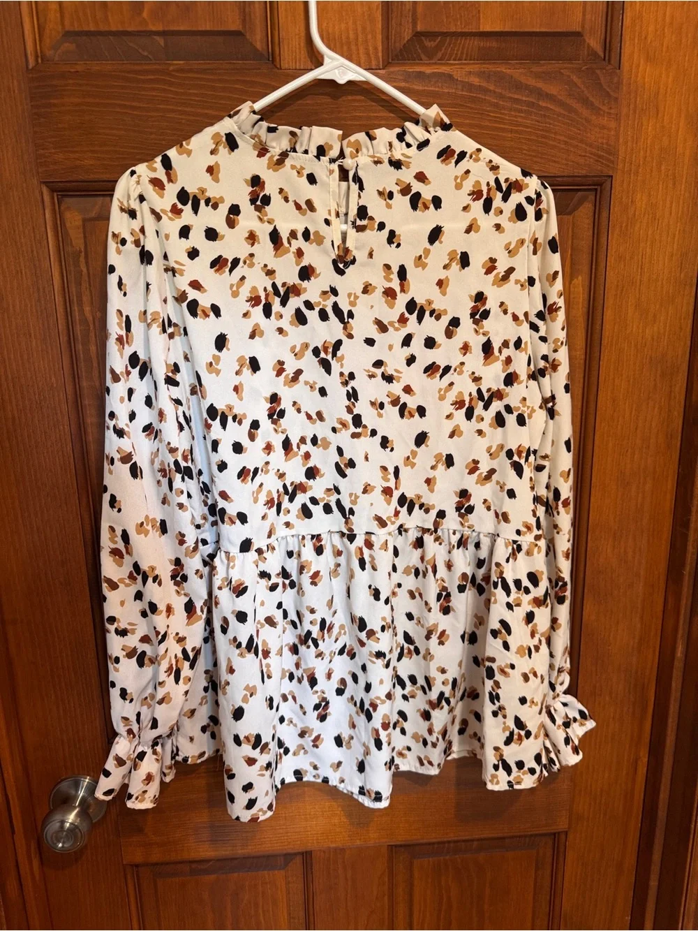 8B. Amazon Cream Ditsy Floral Peplum Blouse with Brown & Black Spots - Picture 7 of 8